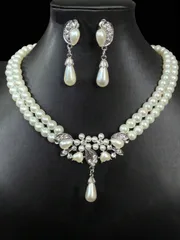 ジュエリー レディース セット 女性用 高級ダブルロウ ガラスパール ネックレス&クリップイヤリングセット、ブライダル ウェディング ジュエリーセット、ピアス不要