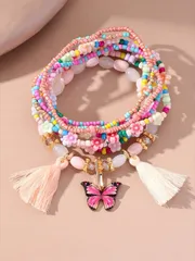 ジュエリー レディース ブレスレット セット 手作り ビーズ ボヘミアンスタイル 蝶形 タッセル ブレスレット 7個セット、女性の休日と日常着に最適