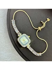 腕時計 レディース クォーツ 1個 レディース ゴールドトーン ジルコニア付き滑らかな引き出し式ブレスレット 腕時計、正方形合金ケースラインストーン、シンプルダイヤル、エレガントクォーツ腕時計