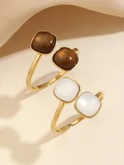 リング レディース セット ステンレススチール レトロ風 ピンクと緑の猫目石オープンリング2個セット、女性の日常着用や贈り物に適しています