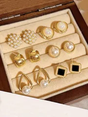 ジュエリー レディース イヤーアクセサリー セット ミニマリスト ヴィンテージ フェイクパール フラワー クラスター スクエア & ラウンド ジオメトリック ピアスセット 6個入り、女性の日常着や祭りの衣装に適して