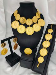 Women's 4-Piece Jewelry Set: Necklace, Earrings, Bracelet, and Ring. Plated Gold. Perfect for Middle Eastern, Dubai, Europe, and Africa. Perfect for weddings, parties, and brides.