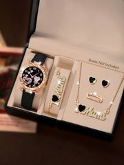 Women's Watch Set: 6-Piece Set with Luxury Floral Numeral Dial Quartz Watches, Minimalist Heart Bracelet, Necklace, Earrings, and Rings, Perfect for Parties, Festivals, and Birthdays, Perfect for Sisters