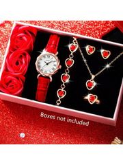 Women's Fashion Casual Quartz Watch Set, 6-Piece Set with Peach Dial, Heart-Shaped Necklace, Bracelet, and Ring, Perfect for Parties, Festivals, Birthdays, and as a Gift for Sisters
