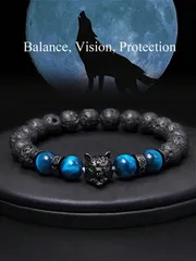 ジュエリー メンズ ブレスレット 狼頭デザイン メンズブレスレット、天然石ブルータイガーアイ 火山岩 浄化パワーストーン、不安を和らげリラックスさせるエネルギービーズアースブレスレット、ボヘミアンジュエリー彼/彼女