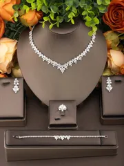 ジュエリー レディース セット 1セット エレガントインレイ ジュエリーセット レディース 結婚式パーティー向け、ピアス1ペア、ネックレス1個、ブレスレット1個、リング1個含む、ギフトボックスなし