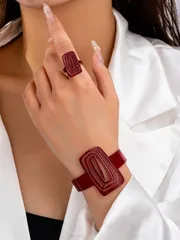 ジュエリー レディース セット 2個セット ビンテージ メタル 幾何学模様 調整可能 バングル&リングセット、デイリーウェアやパーティーに適し、女性へのギフトに