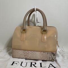 極美品】FURLA フルラ キャンディバッグ パイソン型押し ベージュ PVC