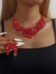 Vintage Red Flower Jewelry Set for Women, 3-Piece Set with Necklace and Earrings, Perfect for Weddings, Parties, and Valentine's Day Gifts