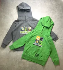 【2枚セット&サイズ違い】マインクラフト パーカー 120 130 マイクラ 長袖 トレーナー 兄弟 お揃い リンクコーデ グレー グリーン 裏パイル 子供服 キッズ まとめ売り 公園着 洗い替え キャラクター グッズ 120cm 130cm