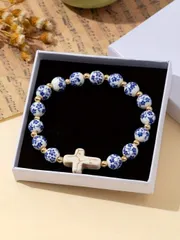 ジュエリー レディース ブレスレット ヴィンテージ中国風エレガントターコイズクロス&セラミックビーズブレスレット