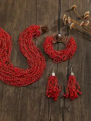 ジュエリー レディース セット ハンドメイド クロシェ ビーズアクセサリーセット、ボヘミアンスタイルビーズアクセサリーセット、ヴィンテージソリッドレッド ホワイト グリーンカラーのブレスレット ネックレス ピアスの