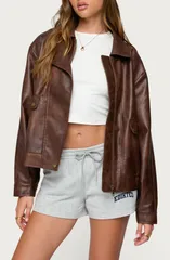 アディクテッド レディース アウター ジャケット・ブルゾン レザー フェイクレザー EDIKTED Ardella Oversize Faux Leather Jacket Brown ブラウン