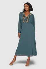 ウォリス レディース トップス ワンピース バルーンスリーブ ミディ Wallis Embellished Balloon Sleeve Midi Dress Green グリーン