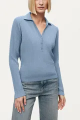 ノクチューン レディース アウター パーカー・スウェット ポロシャツ リブ セーター ニット Nocturne Ribbed Polo Knit Sweater Blue ブルー