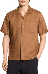 セオリー メンズ トップス シャツ リネン Theory Noll Short Sleeve Linen ButtonUp Camp Shirt Deep Tobacco