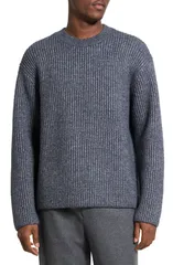 セオリー メンズ アウター パーカー・スウェット クルーネック リブ ウール セーター コットン Theory Oversize Ribbed Wool Cotton Crewneck Sweater Grey Melange グレー