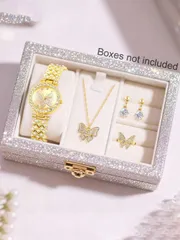 腕時計 レディース セット ファッショナブルで優雅な、蝶型クリスタルペンダントネックレス、ピアス、リングセット。蝶型ダイヤルクォーツ腕時計とのセット。個人使用やギフトに最適。パッケージは含まれません。