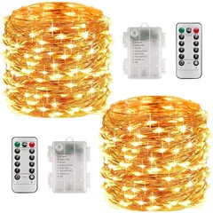 【２個セット】LEDイルミネーションライト電池式 100球 10m リモコン付属 8パターン タイマー機能 調光可能 ledジュエリーライトクリスマス 飾り 正月 誕生日 結婚式 パーティー 電飾 室内 室外兼用 (ウォームホワイト) 1