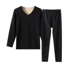 [DeerLuxe] 裏起毛インナー 上下セット レディース メンズ 暖か 保温 防寒 肌着 長袖 Vネック Uネック 秋冬 (A.ブラック(メンズ), L) [A.ブラック(メンズ)] [L]