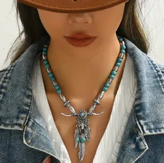 ターコイズビーズ ネックレス スカル フェザー インディアンジュエリー ナバホ族 ボヘミアン ウエスタン アメカジ トルコ 男女兼用 唐草