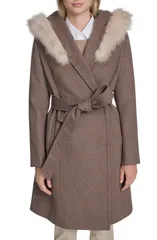 コールハーン レディース アウター ジャケット・ブルゾン ウール コート Cole Haan Slick Wool Blend Coat with Faux Fur Trim Hood Portobeのサムネイル