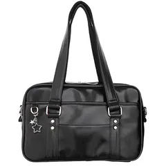 [ESJNNK] スクールバッグ 高校生 合皮革 PU スクバ 女子 学生 通学 JK 制服 大容量 肩紐長い カバン ボスドンバッグ 男女兼用 修学旅行 キーリング付き (ブラック) 0