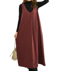 [Elixio] [エリクシオ] ワンピース ジャンパースカート ジャンスカ ロング レディース ルームウェア Vネック マキシ丈 体型カバー ゆったり 大きいサイズ レイヤード 秋 冬 (JP, アルファベット, L, ブラウン) [ブラウン] [L]