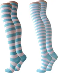 しましまソックス ニーハイソックス アニメコス コスプレ 衣装 小物 ルーズソックス ボーダー レディース　水色　スカイブルー　縞々　2枚セット　ライン　太さ違い