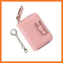 【新品】 小銭入れ コインケース レディース 本革 大容量 30枚収納 スキミング防止 キーリング付き カード12枚 可愛い リボン (ピンク) 0