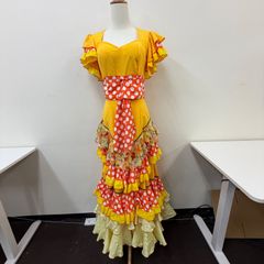 中古ハンドメイドフラメン衣装サーモンピンク×マスタードドット柄