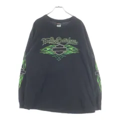 HARLEY DAVIDSON (ハーレーダビッドソン) VINTAGE 00s GREEN FLAMES L/S TEE フレイムス 袖ファイヤー 長袖Tシャツ ブラック
