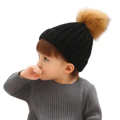 [Capprecier] 子供用 ニット帽 ポンポン付き ビーニー 帽子 キッズ 冬用 防寒 あったか かわいい 女の子 男の子 ウール 厚手 折り返し リブ編み プレゼント 5色展開 (JP, 年齢, 4 Years, ブラ [ブラック] [4 Years]