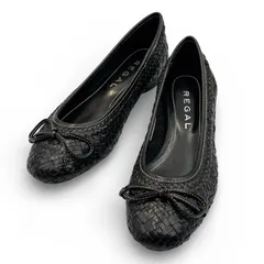 ■ REGAL リーガル 編み込み レザー バレエシューズ ブラック 22.0cm リボン フラット 新品未使用