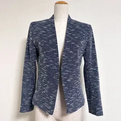 セオリーリュクス TWEEDY KANET ジャージーツイードジャケット Vネック ボタンレスノーカラージャケット リネン混 コットンナイロン ネイビー サイズ40 L ※クリーニングタグ付き