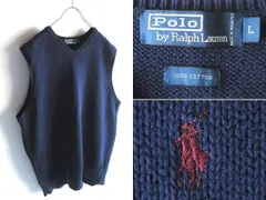 希少 90sビンテージ Polo by Ralph Lauren ラルフローレン ポロポニーロゴ刺繍 Vネック コットンニットベスト L ネイビー 紺 RN41381正規品 USA企画