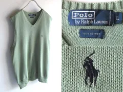 90sビンテージ Polo by Ralph Lauren ラルフローレン ポロポニーロゴ刺繍 Vネック コットンニットベスト L ミントグリーン RN41381 USA企画