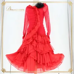 社交ダンス 衣装 スタンダード ドレス ワンピース パーティドレス レディース 赤 黒 ブラック系 レッド系 フリル レース コサージュ 長袖 ポリエステル ナイロン ポリウレタン 日本製 ストレッチ 取り外し可 縦長 シルエット