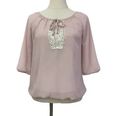 オフオン ofuon ブラウス カットソー プルオーバー ボートネック シフォン レース スパンコール リボン 七分袖 38 ピンク