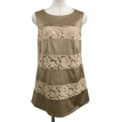 エムプルミエ M-Premier カットソー チュニック プルオーバー ラウンドネック 切替 レース ノースリーブ 36 ベージュ 茶 ブラウン