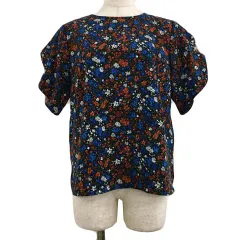 グローバルワーク GLOBAL WORK ブラウス カットソー プルオーバー クルーネック 花柄 総柄 フリル チューリップスリーブ 半袖 M 紺 赤 ネイビー レッド