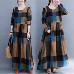 【新品】大きいサイズレディースロングワンピース　夏　半袖　薄手　体型カバー チェック柄