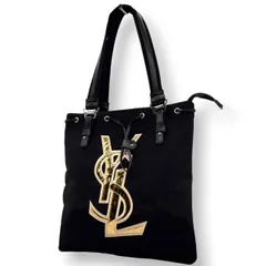 美品 イヴ・サンローラン Yves Saint Laurent YSL トートバッグ ハンドバッグ ワンショルダーバッグ 肩掛け キャンバス レザー ブラック 黒 ゴールド金具 ビッグロゴ デカロゴ クラシック エレガント ヴィンテージ ビンテージ s5