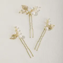 【人気商品】3点セット 花嫁 パールUピン ヘアアクセサリー 手作り ウェディング パールモチーフ 結婚式 披露宴 二次会 木の葉 発表会 卒業式 入学式 ヘッドドレス パーティー 和装用髪飾り ヘアアクセサリー 髪飾り 和風 ゴールド