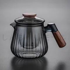 手作り 耐熱ガラス 急須 ティーポット ガラス 茶こし付き ガラスポット 紅茶ポット 花茶 工芸茶 に おすす め 直火可 クルミ材 木製持ち手 