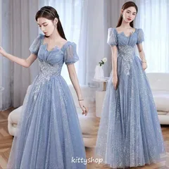 人気商品 結婚式ドレス 二次会ドレス ブルー ピンク ワイン赤 イブニングドレス ロングドレス パフスリーブ 発表会ドレス キラキラドレス 演奏会ドレス