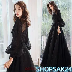 人気商品 イブニングドレス ロング 黒 パフスリーブ 長袖 Aライン スパンコール 花柄 キラキラ きれいめ パーティードレス 結婚式 二次会 披露宴 発表会 演奏会 20代 30代 40代 レディース