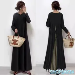 人気商品 長袖ワンピース ロングワンピース 秋物 レディース Aラインワンピース 30代40代50代 ゆったり 切り替え レイヤードフェイク 大人可愛い