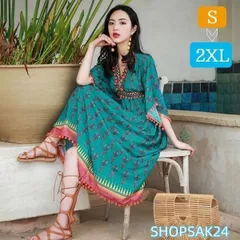 人気商品 リゾートワンピース マキシ丈 七分袖 Vネック 体型カバー 総柄 民族風 夏 ロングワンピース グリーン レディース マキシワンピース