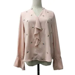 ビス ViS ブラウス シャツ プルオーバー スキッパー フリル 刺繍 花柄 キャンディースリーブ 長袖 F ピンク 緑 グリーン